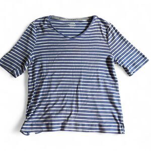 Chico's The Ultimate Tee Size 2 (US L/12) Blue White Striped Cotton V-Neck